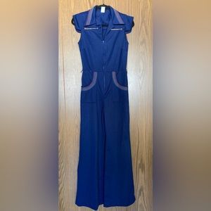70s Polyester Blue with Rainbow Stitching Pant Jumpsuit